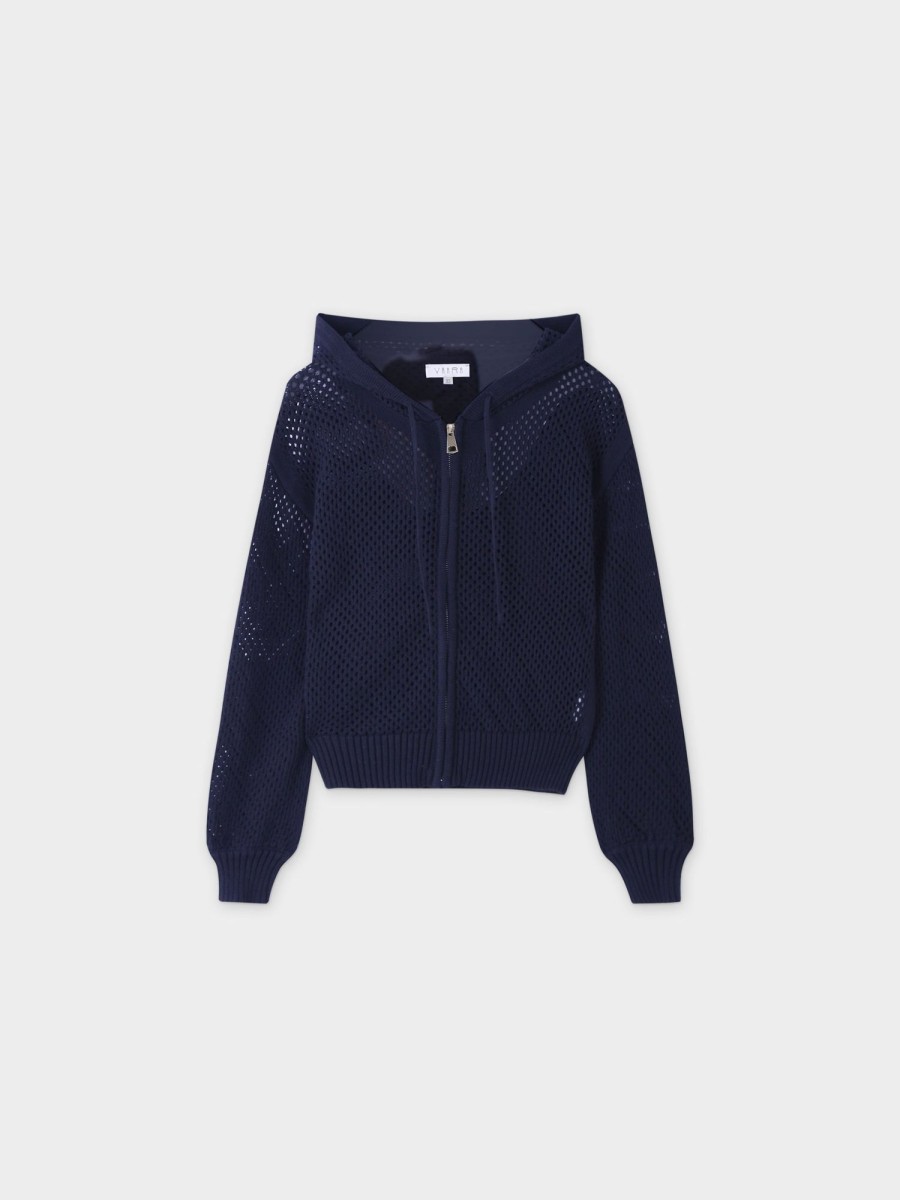 Hot Zip Up Crochet Hoodie-Navy Tops