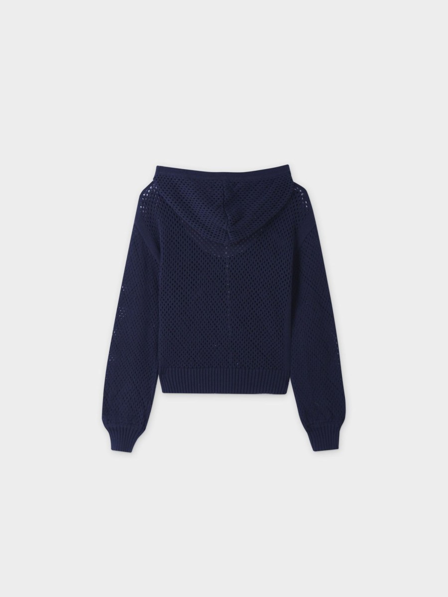 Hot Zip Up Crochet Hoodie-Navy Tops