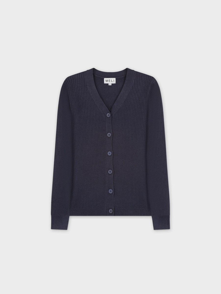 Online Waffle Classic Cardigan-Navy Tops