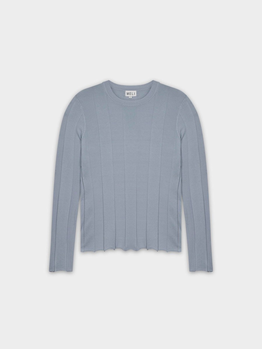 Hot Wide Ribbed Sweater-Steel Blue Tops