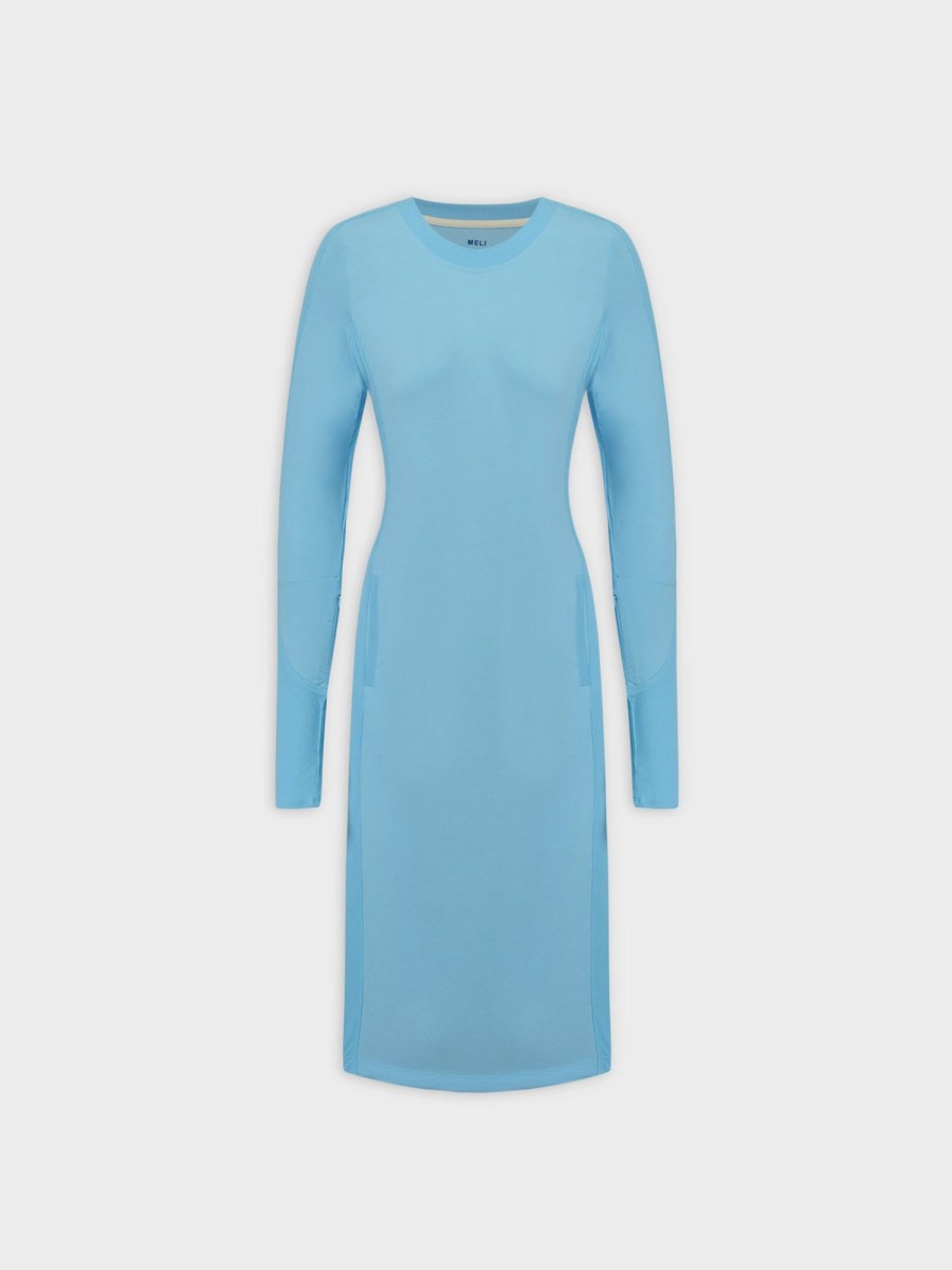 Best Crew Neck Pocket Tee Dress 41"-Sky Blue Dresses