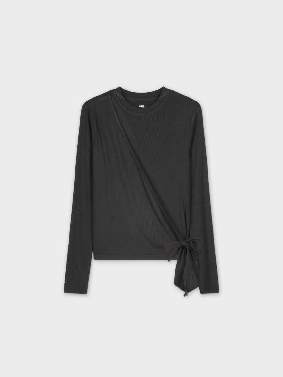 Clearance Ribbed Wrap Tee-Black Tops