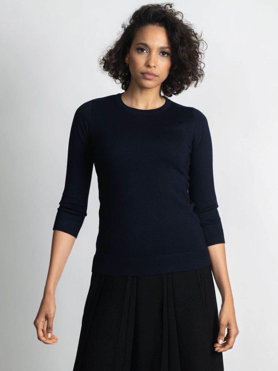 Best Basic Crew Sweater (3Q) - Navy Tops