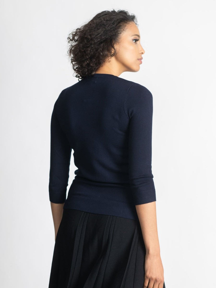 Best Basic Crew Sweater (3Q) - Navy Tops