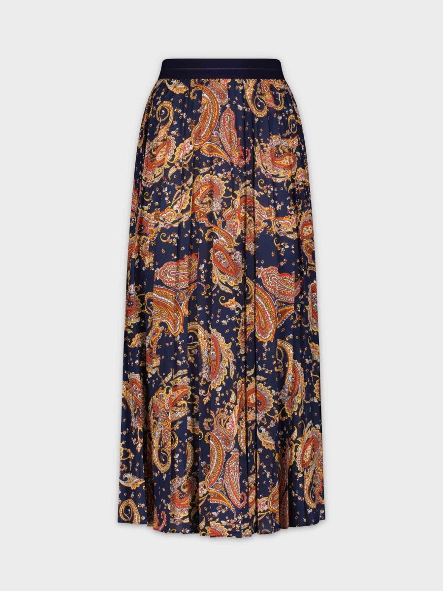 Online Printed Pleated Skirt 35"-Navy Paisley Skirts