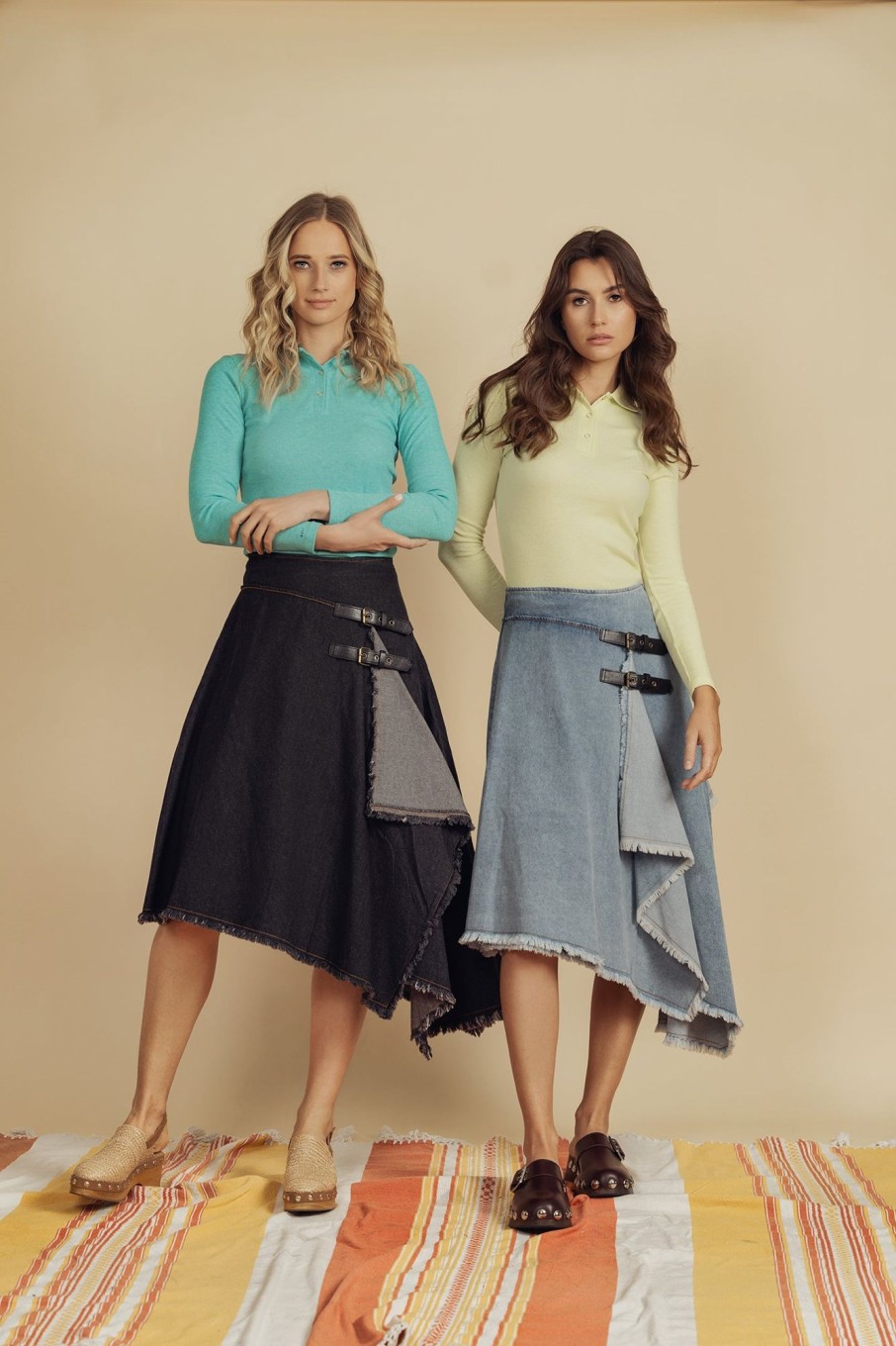 Online Buckle Mock Wrap Skirt-Blue Denim Skirts