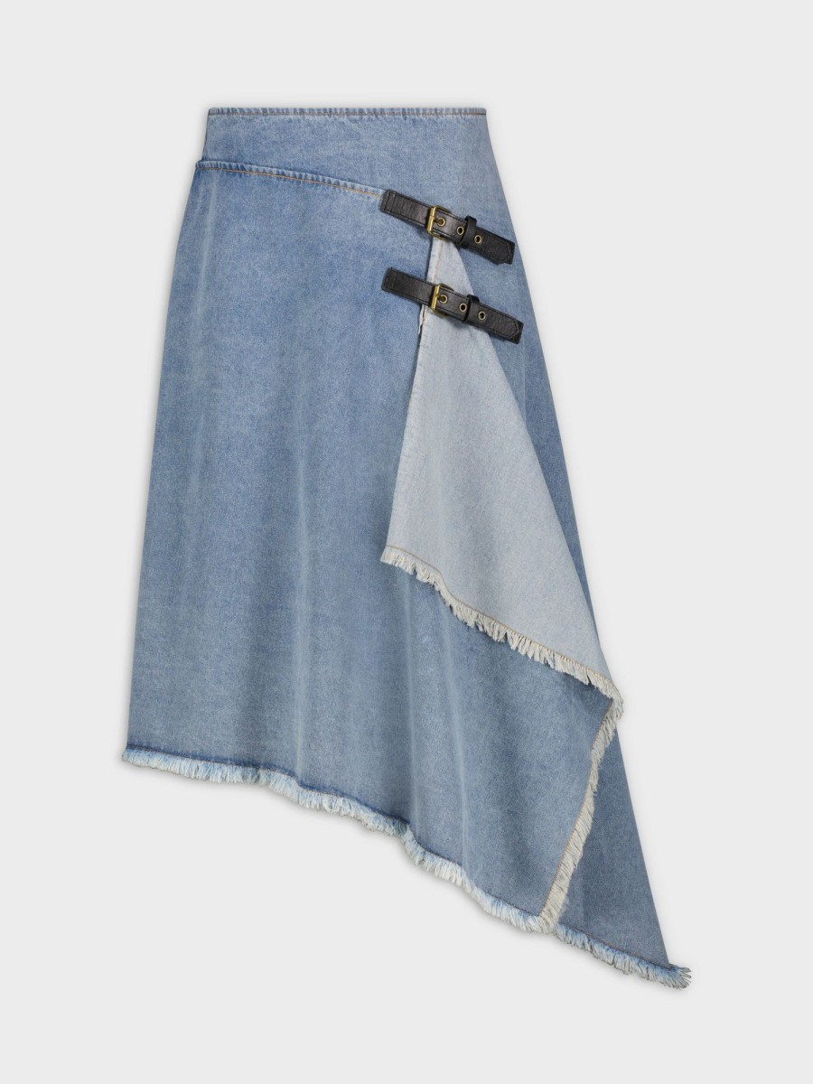 Online Buckle Mock Wrap Skirt-Blue Denim Skirts