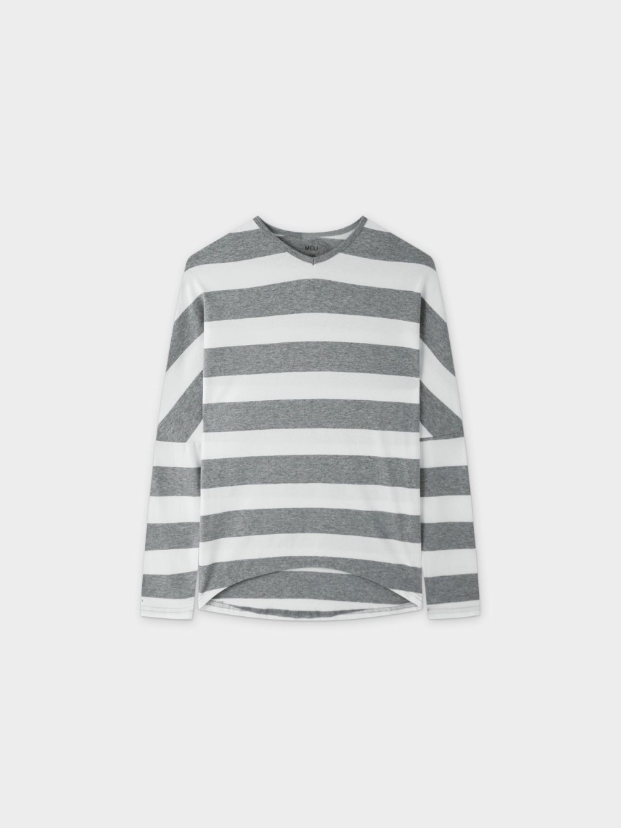 Best Striped Dolman V Neck-Grey/White Tees