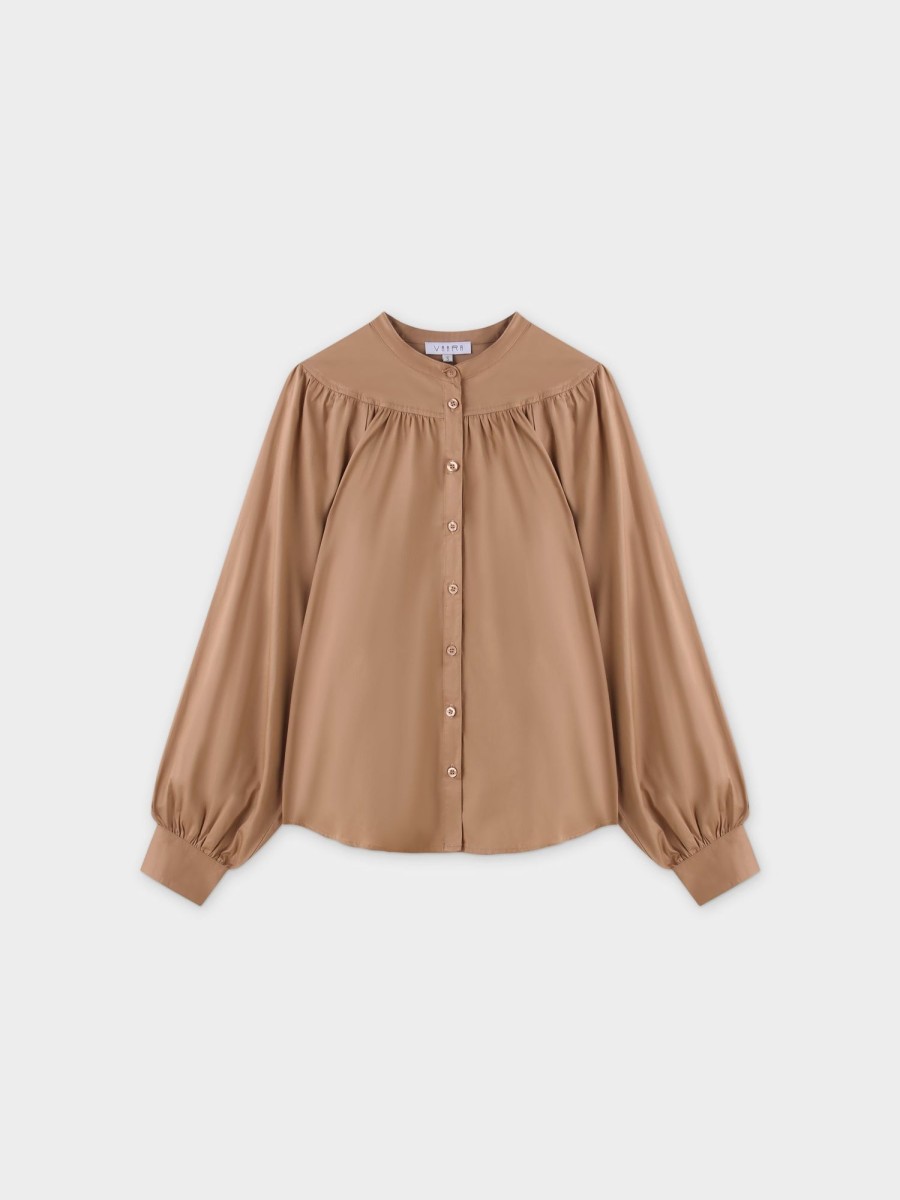 Wholesale Gathered Top Blouse-Tan Tops