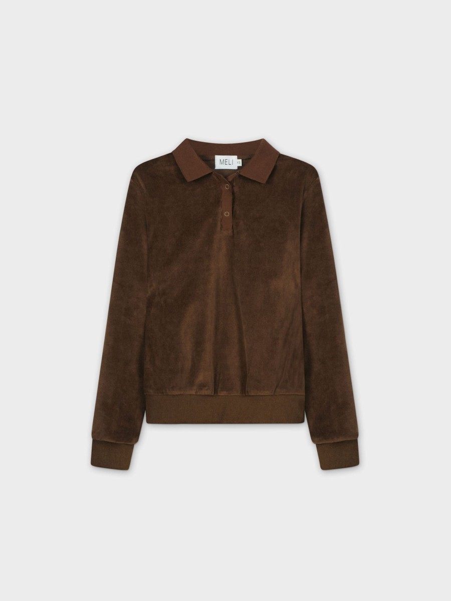 New Velour Collar Sweatshirt-Brown Tops