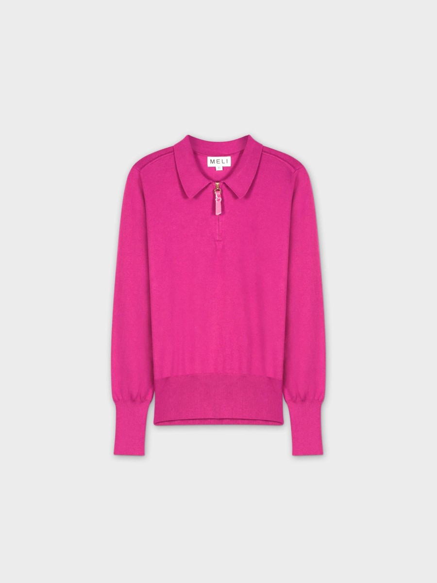 Clearance Zipper Collar Sweater-Magenta Tops