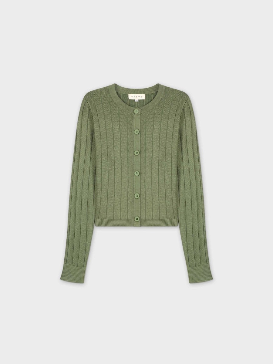 New Cropped Ribbed Design Cardigan-Olive Tops