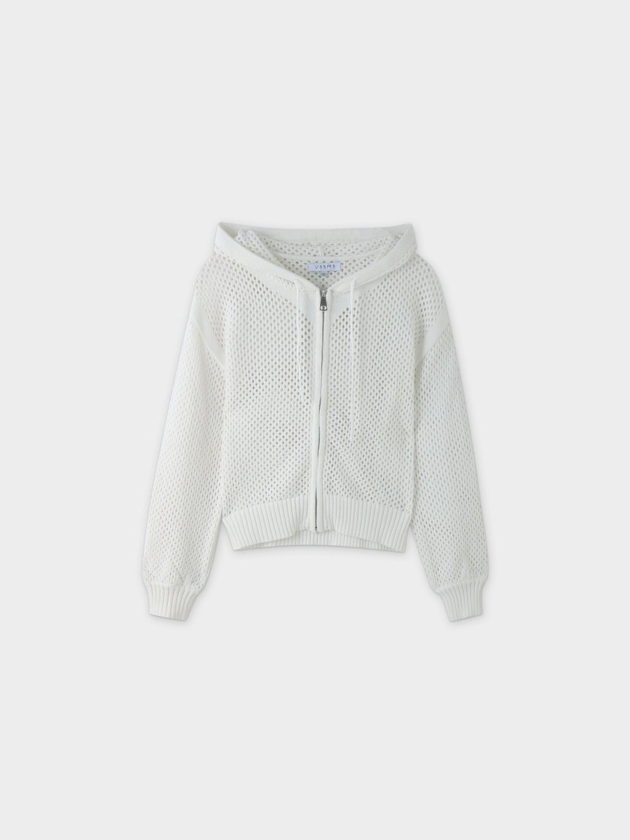 Online Zip Up Crochet Hoodie-White Tops