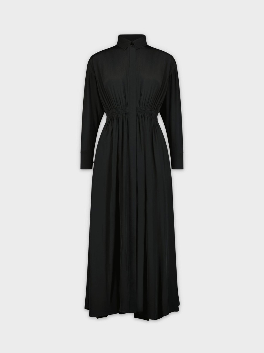 New Elastic Waist Shirtdress-Black Dresses