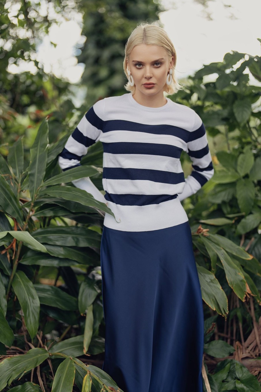 Hot Striped Cotton Sweater-Navy Tops