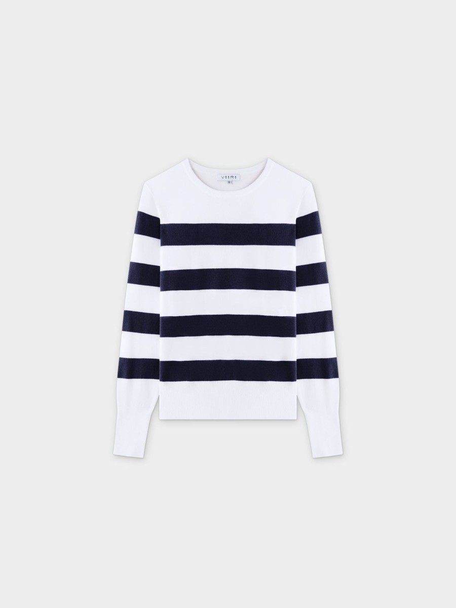 Hot Striped Cotton Sweater-Navy Tops