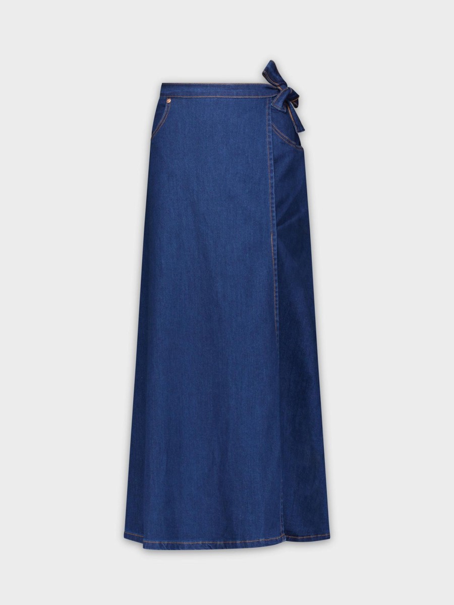 Wholesale Stretch Denim Wrap Skirt-Dark Blue Skirts