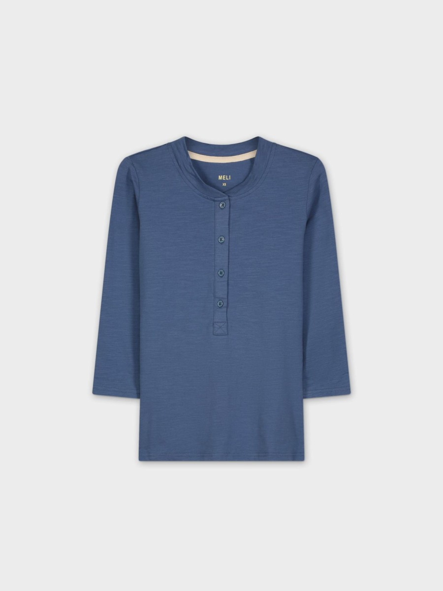 Clearance 4 Button Henley Tee-Blue Tees