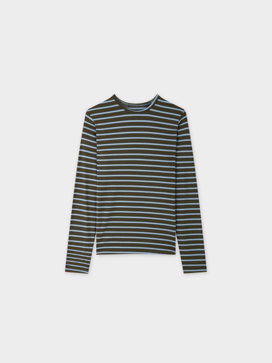 Wholesale Butter Soft Striped Crew-Olive/Light Blue Tees