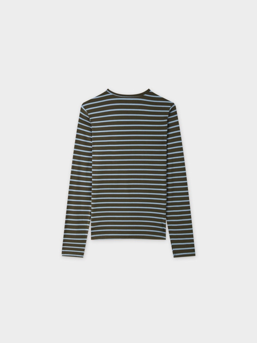 Wholesale Butter Soft Striped Crew-Olive/Light Blue Tees