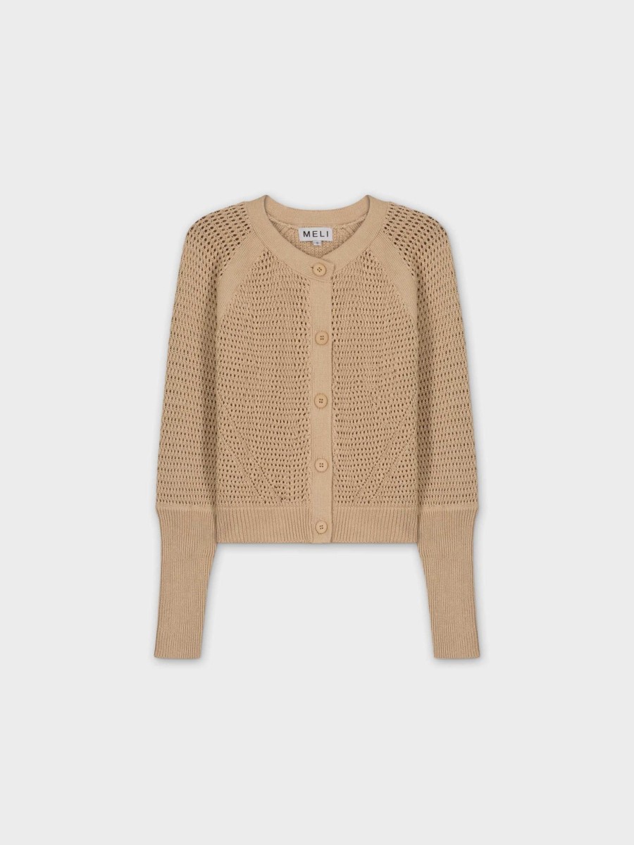 Hot Crochet Crew Cardigan-Tan Tops