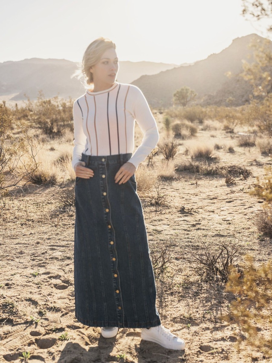 Online Button Down Seamed Denim Skirt-Blue Skirts