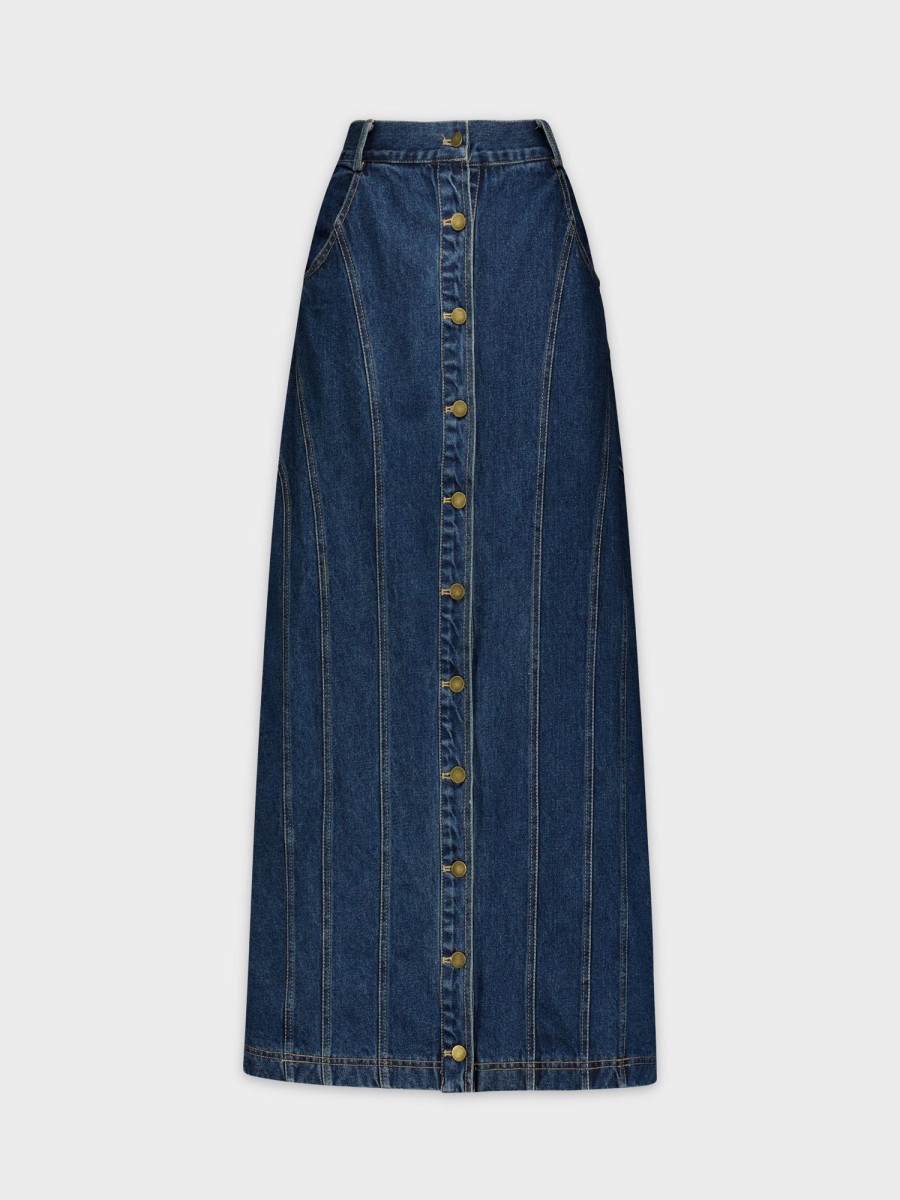 Online Button Down Seamed Denim Skirt-Blue Skirts