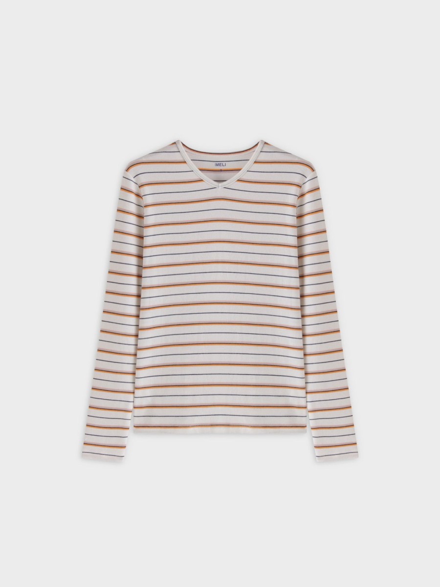 Best Thin Stripe High V Tee-White/Orange/Pink Tees