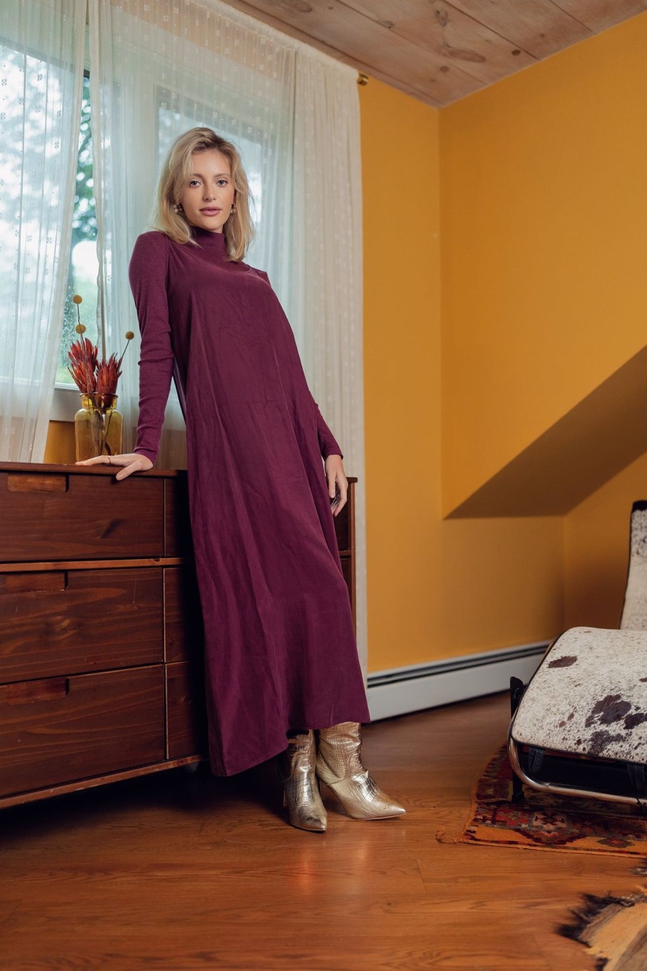 Online Crew Neck Slip Dress-Burgundy Dresses