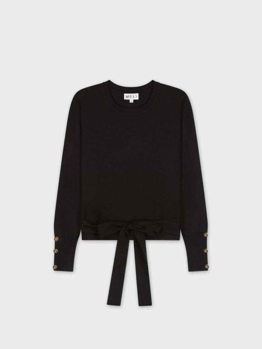 Online Wrap Tie Sweater-Black Tops