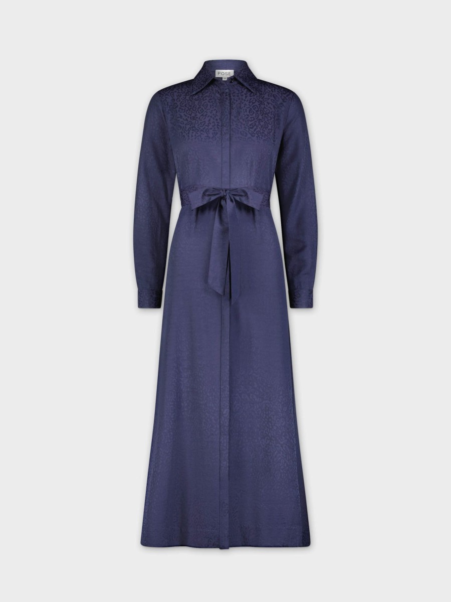 New Basic Belted A-Line Dress-Navy Dresses