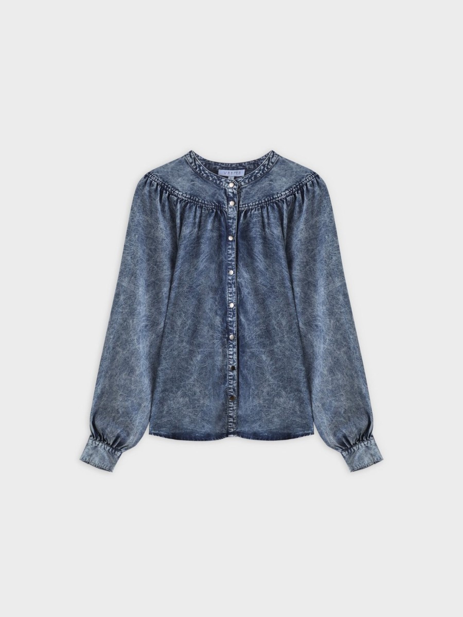 Best Gathered Top Blouse-Washed Blue Denim Tops