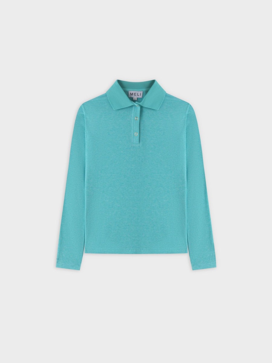 Hot Ribbed Collar T-Shirt-Teal Tees