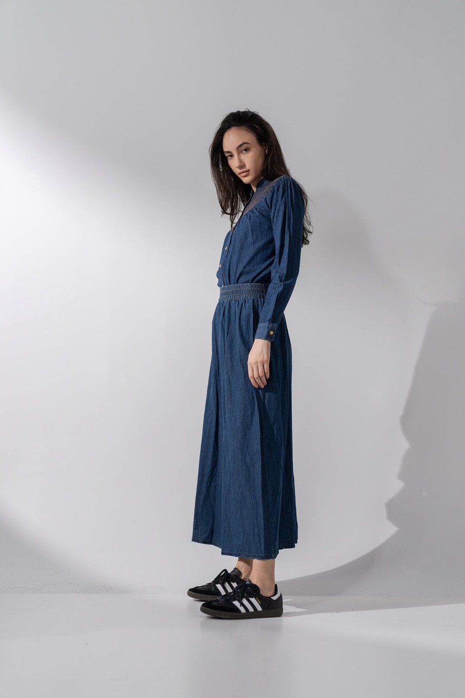 Clearance Gathered Waist Denim Skirt-Blue Sets