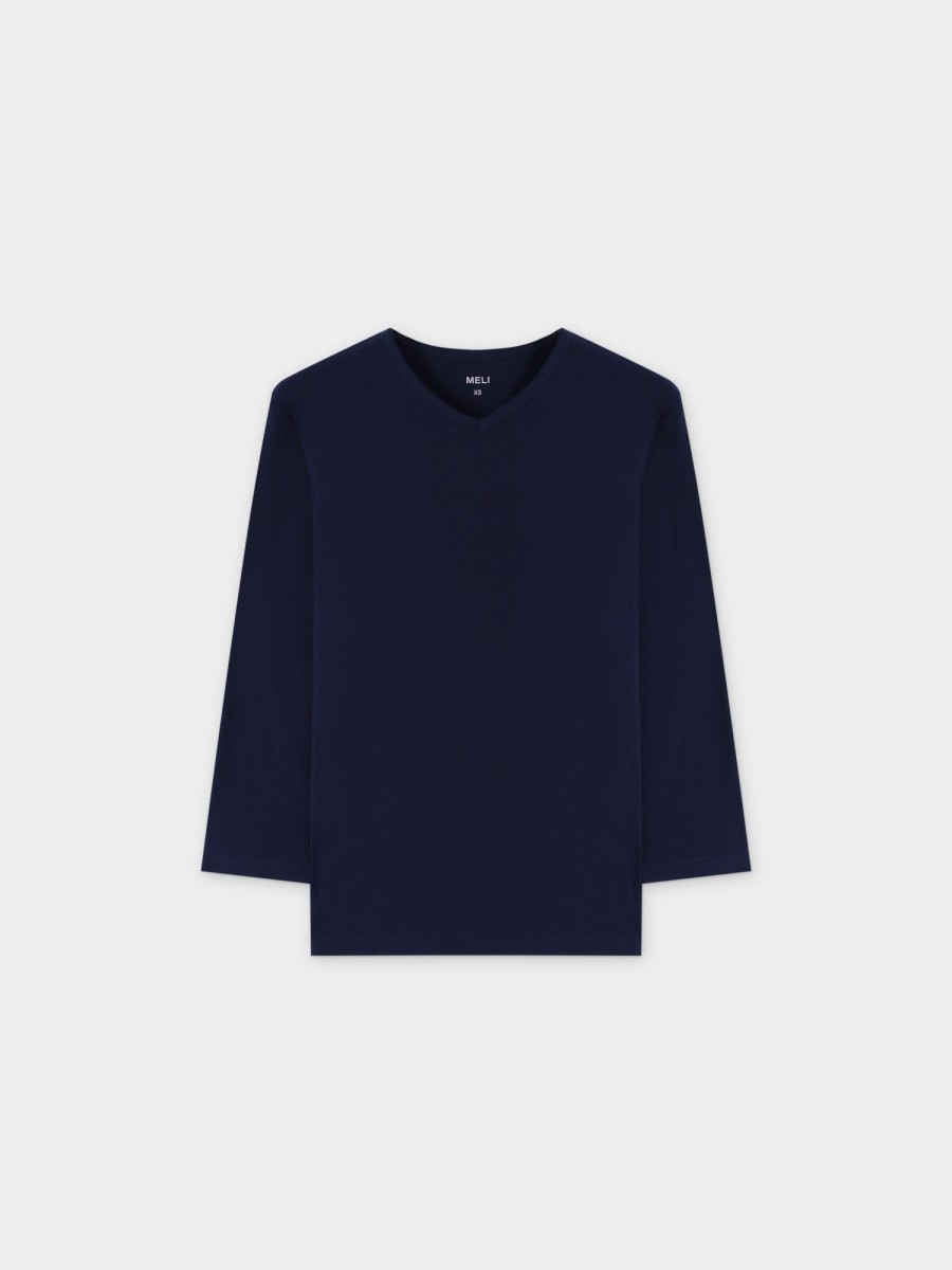 Clearance Ribbed High V 3Q-Navy Tees