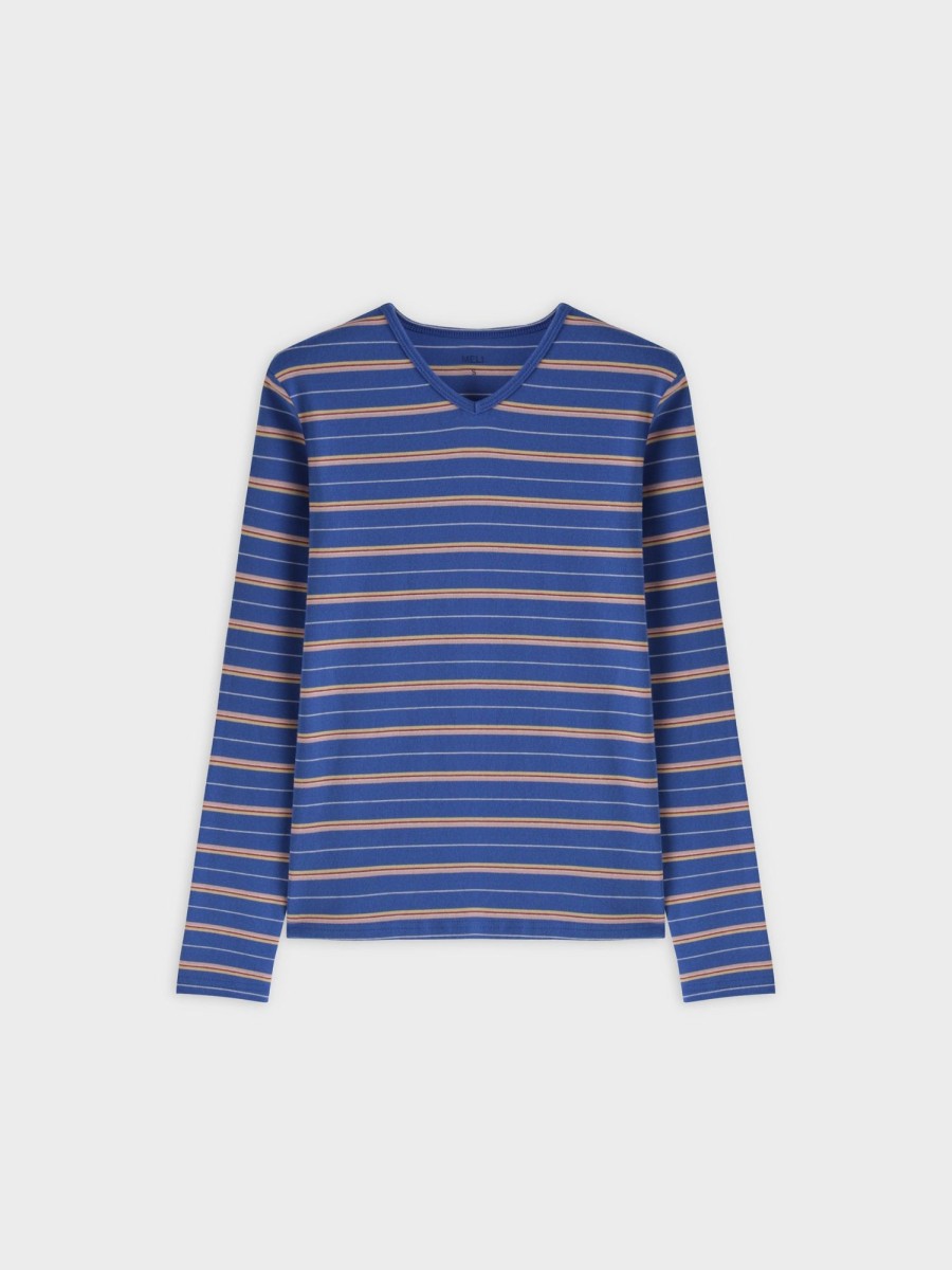 Online Thin Stripe High V Tee-Blue/Pink/White Tees