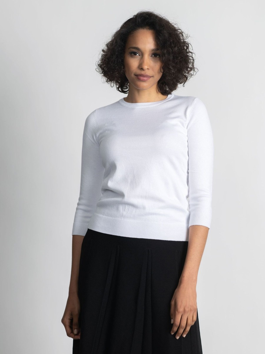 Hot Basic Crew Sweater (3Q) - White Tops