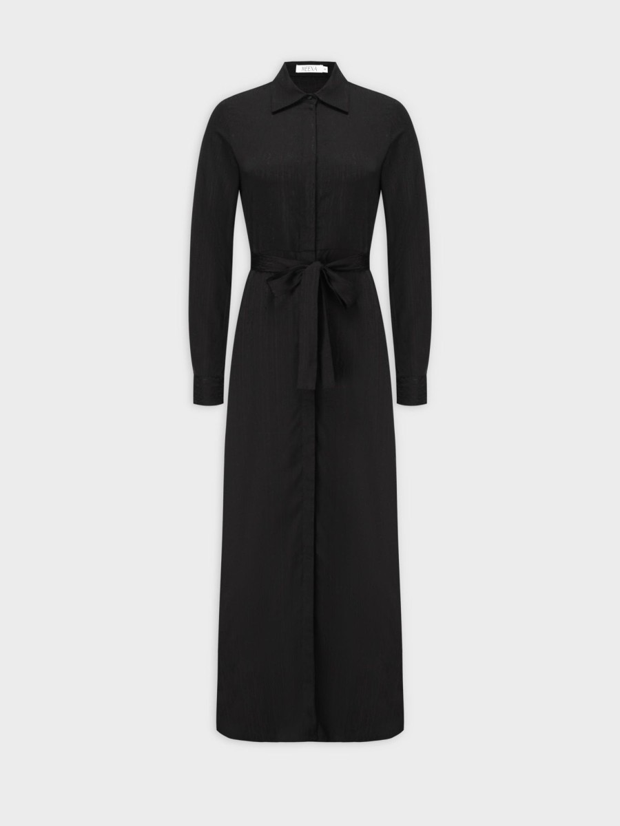 Wholesale Silk Patterned A-Line Shirtdress-Black Dresses