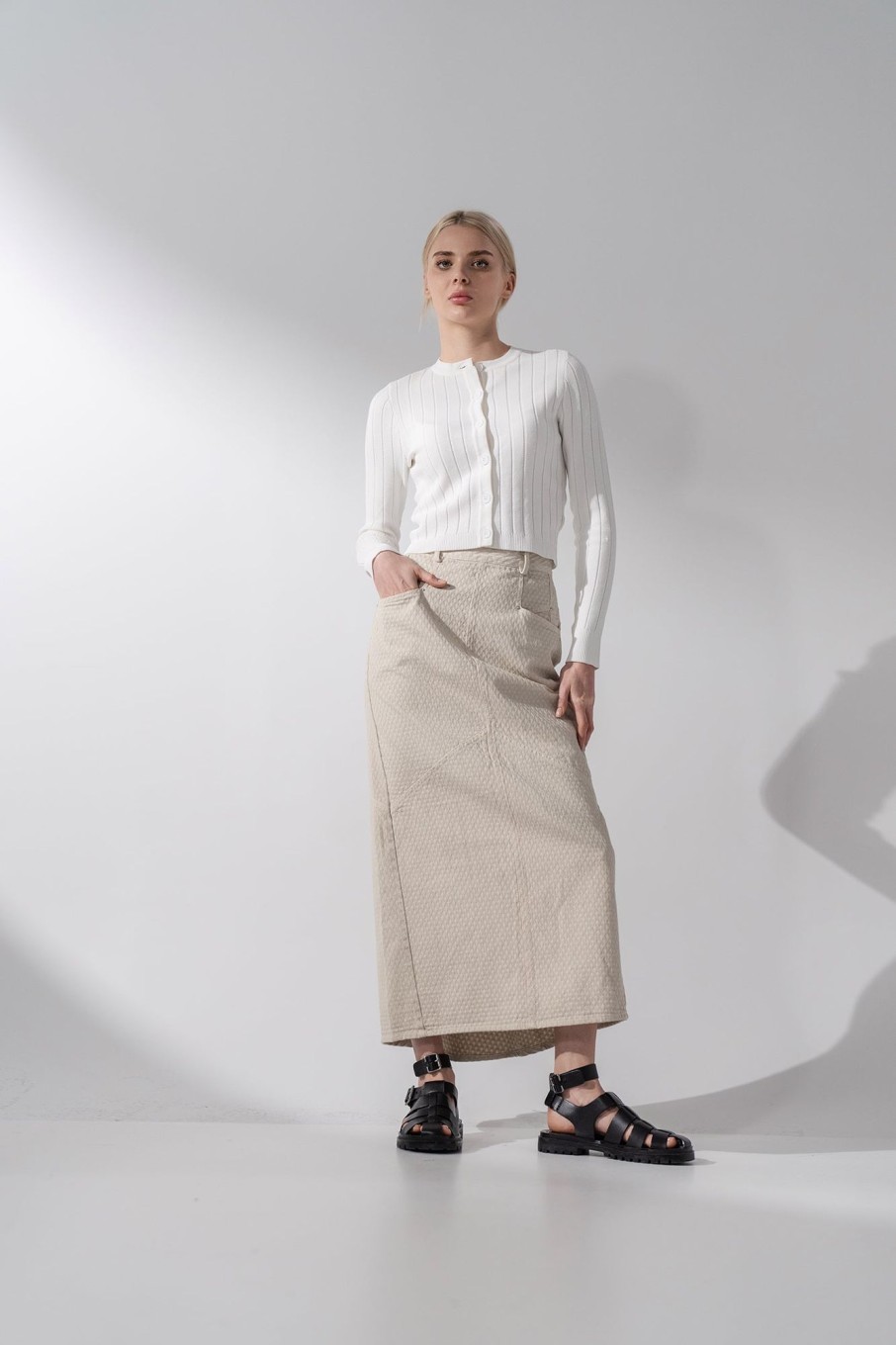 Hot Back Pleat Denim Skirt-Textured Cream Skirts