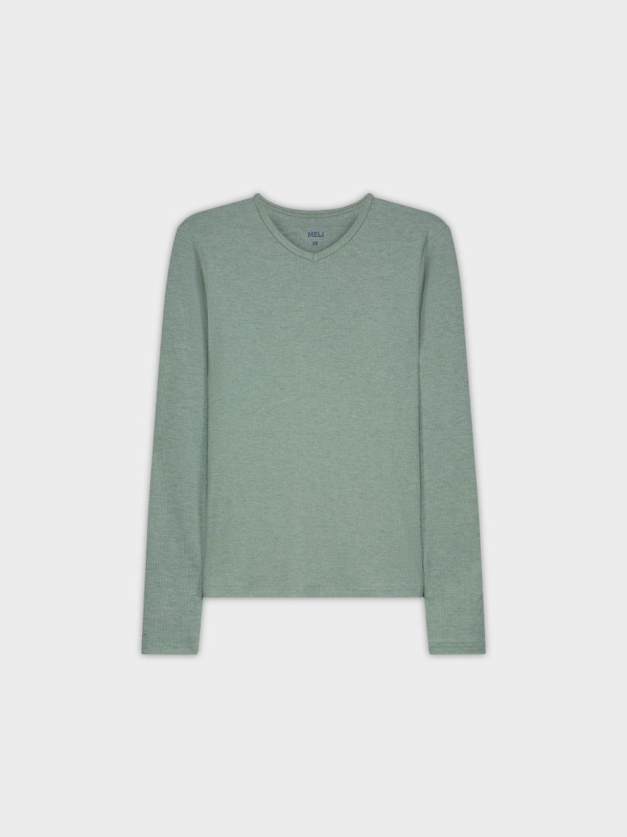 New High V Ribbed Tee Ls-Heathered Green Tees