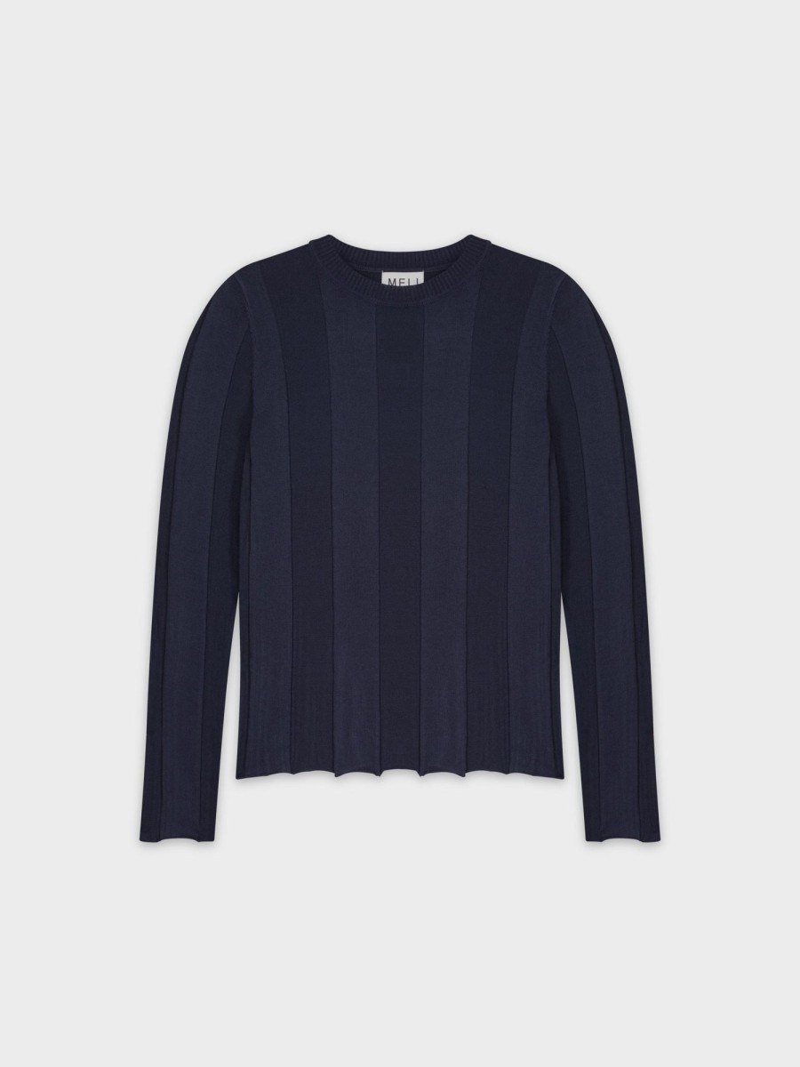 New Wide Ribbed Sweater-Navy Tops