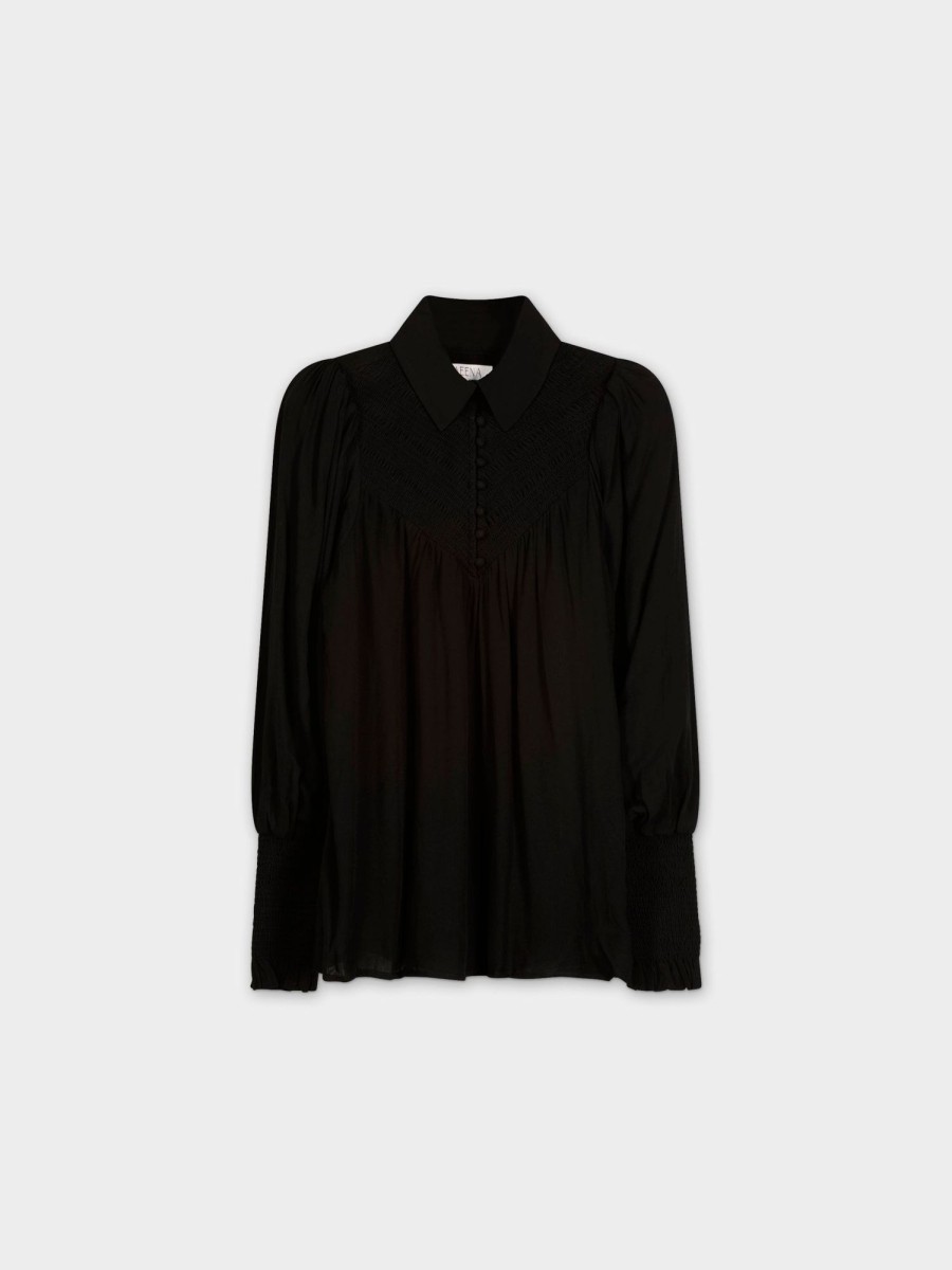 Clearance Smocked Blouse-Black Tops