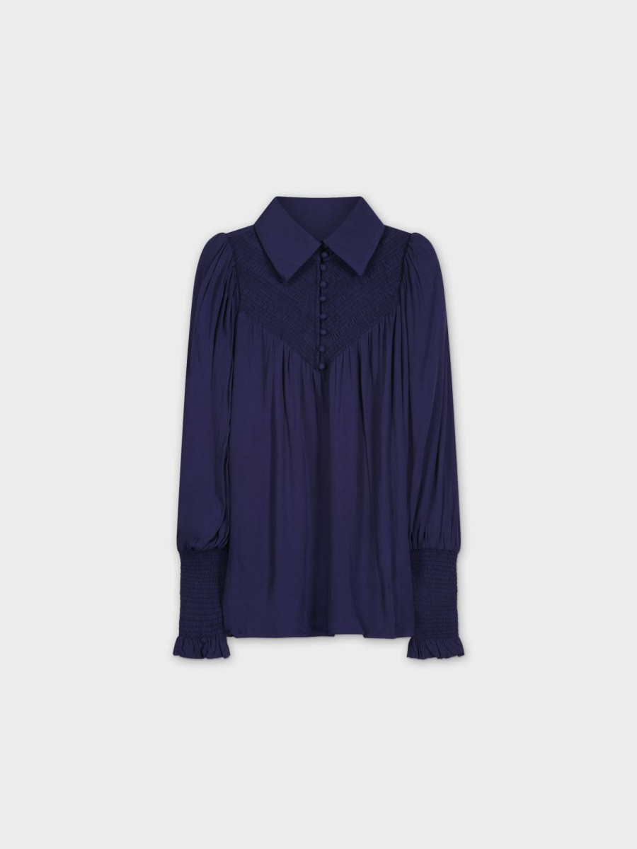 Online Smocked Blouse-Navy Tops