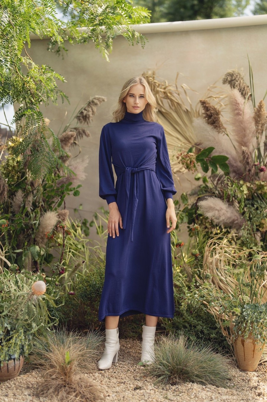 Online Sleeveless Turtleneck Dress-Blue Sets