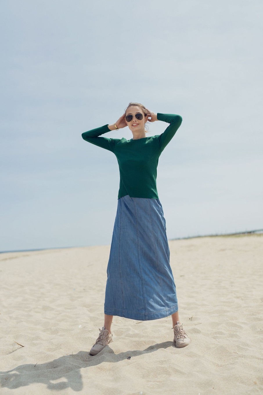 Online Chambray Seamed Denim Skirt-Blue Skirts