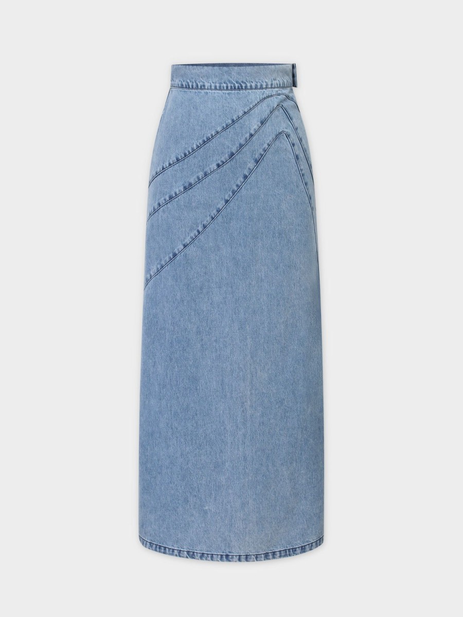 Wholesale Curve Seam Denim Skirt-Blue Wash Skirts