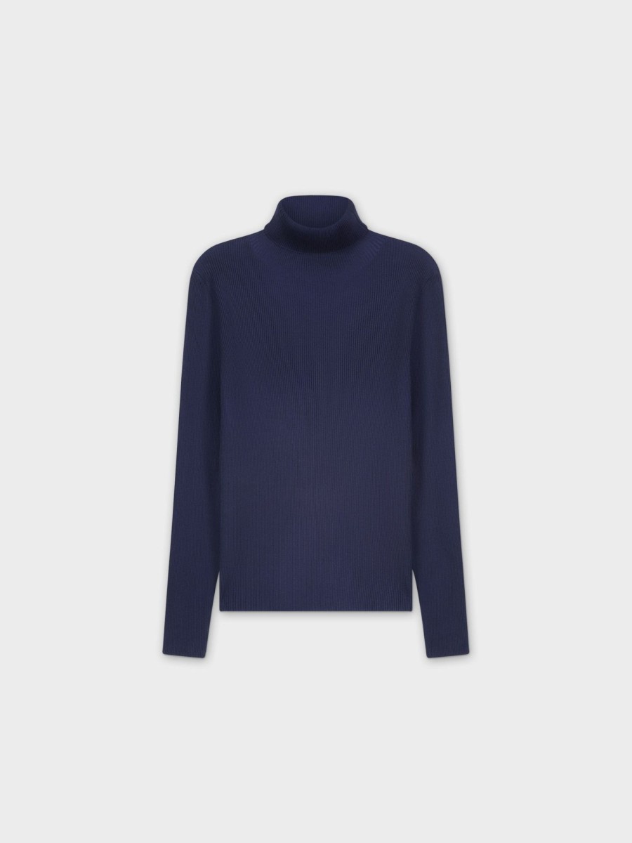 Hot Knit Ribbed Turtleneck-Navy Tops