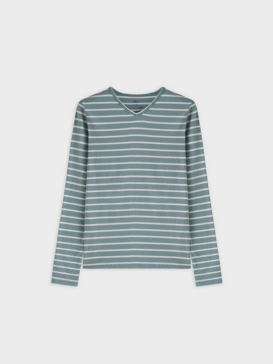 Online Thin Stripe High V Tee-Pistachio/White Tees