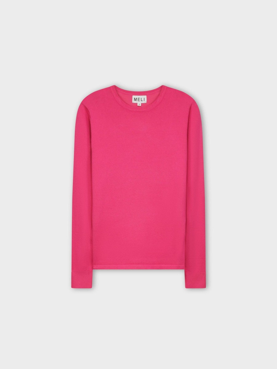 New Thin Knit Crew Sweater-Hot Pink Tops