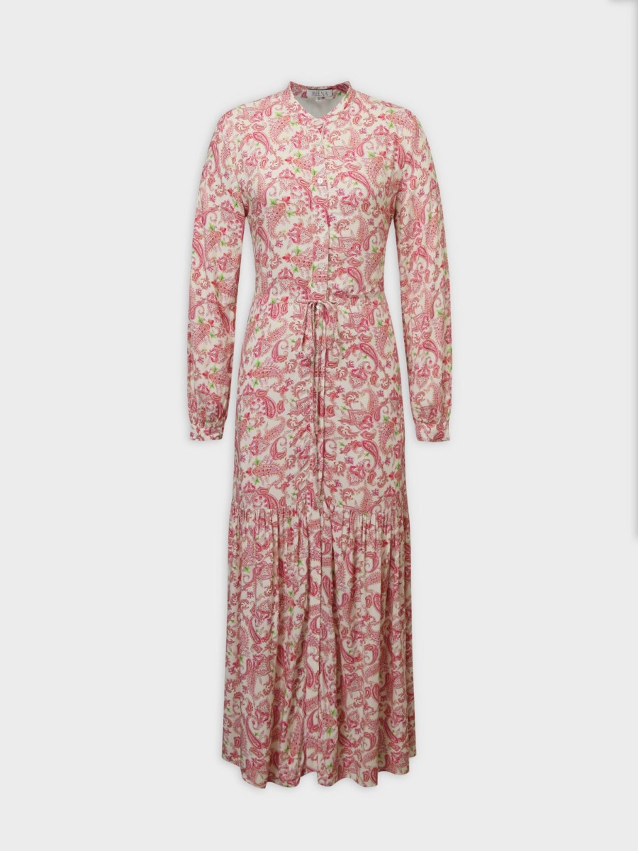 Hot Drawstring Maxi Dress-Pink Paisley Dresses